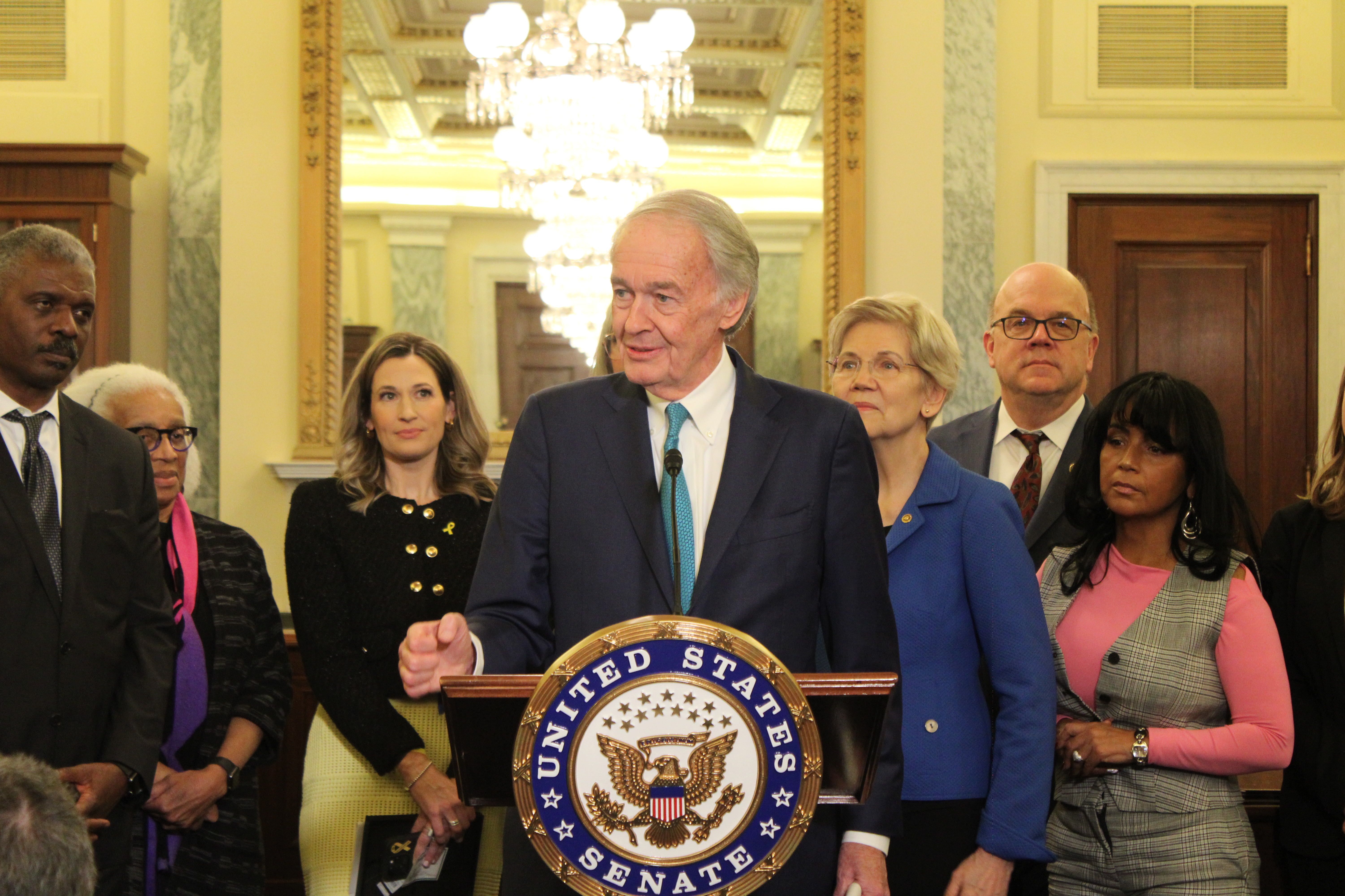 Senator Markey and members of the Massachusetts delegation discussing the impact of the Trump administration on the Commonwealth