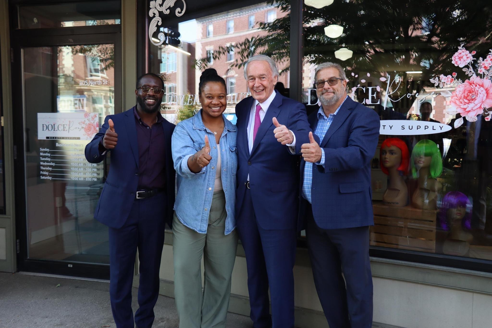 Right: Senator Markey with A.J. Enchill, President and Executive Director of the Berkshire Black Economic Council, Destiny Saunders, co-founder of Dolc’e Rose Beauty Supply, and Pittsfield Mayor Peter Marchetti 