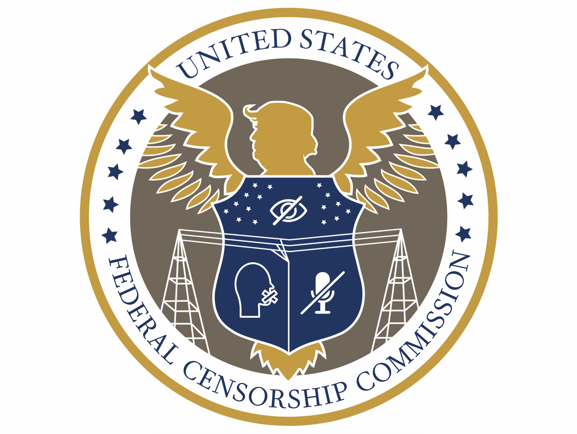 Federal Communications Commission seal rewritten as Federal Censorship Commission with an outline of Donald Trump's head at the top and an eye, a head, and a microphone depicting censorship